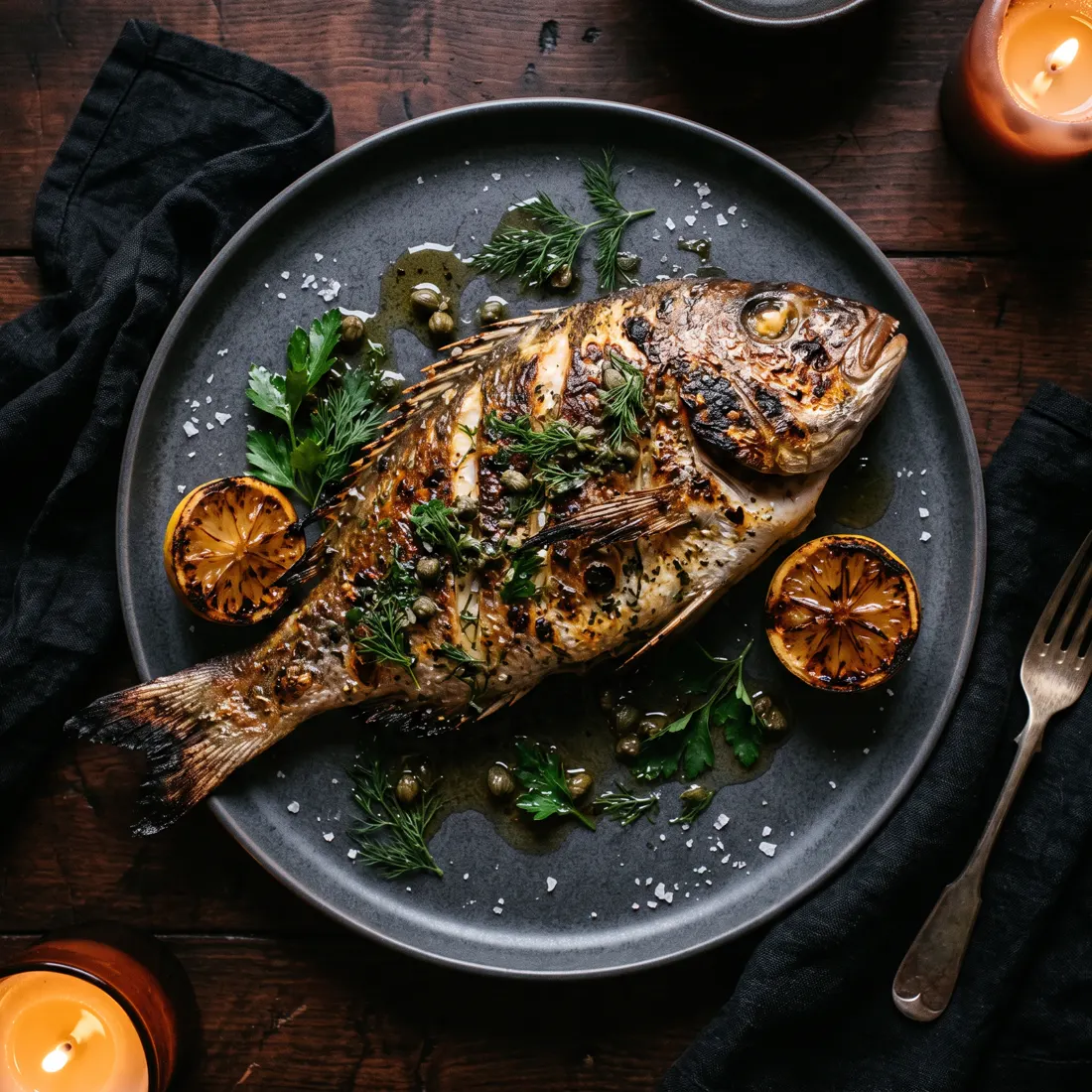 Whole grilled snapper with charred lemon