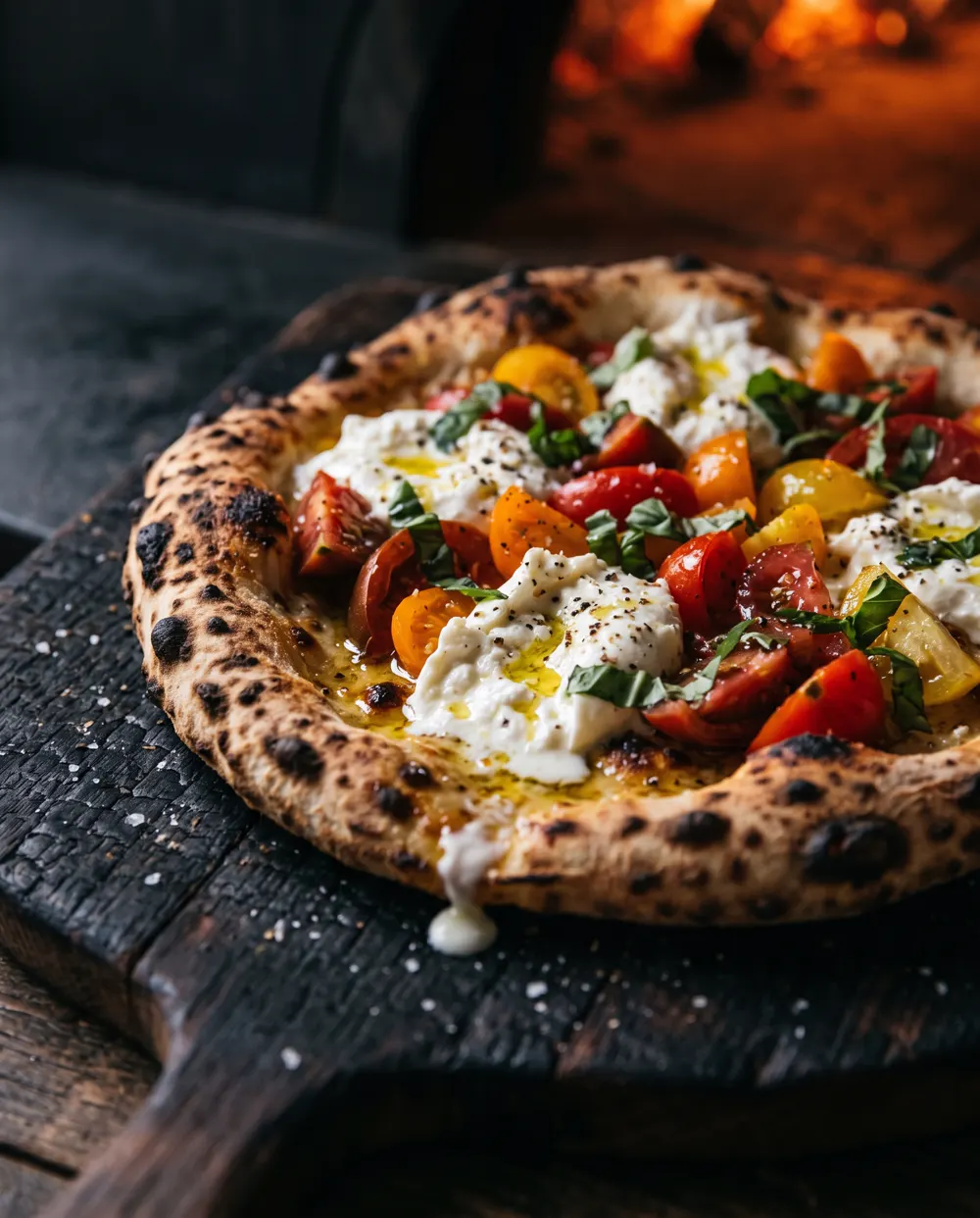 Flatbread with burrata and heirloom tomatoes