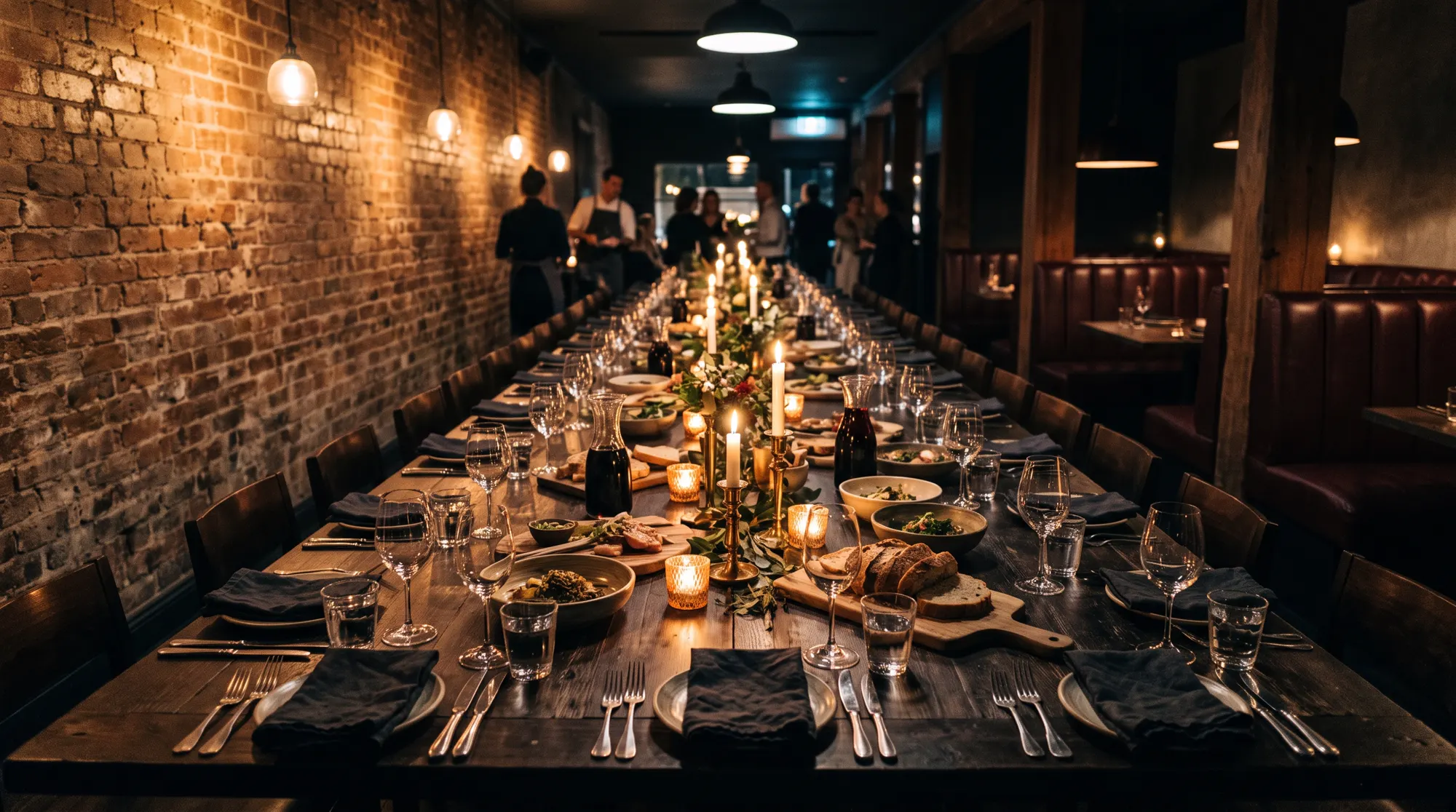 A long candlelit table set for a private dinner