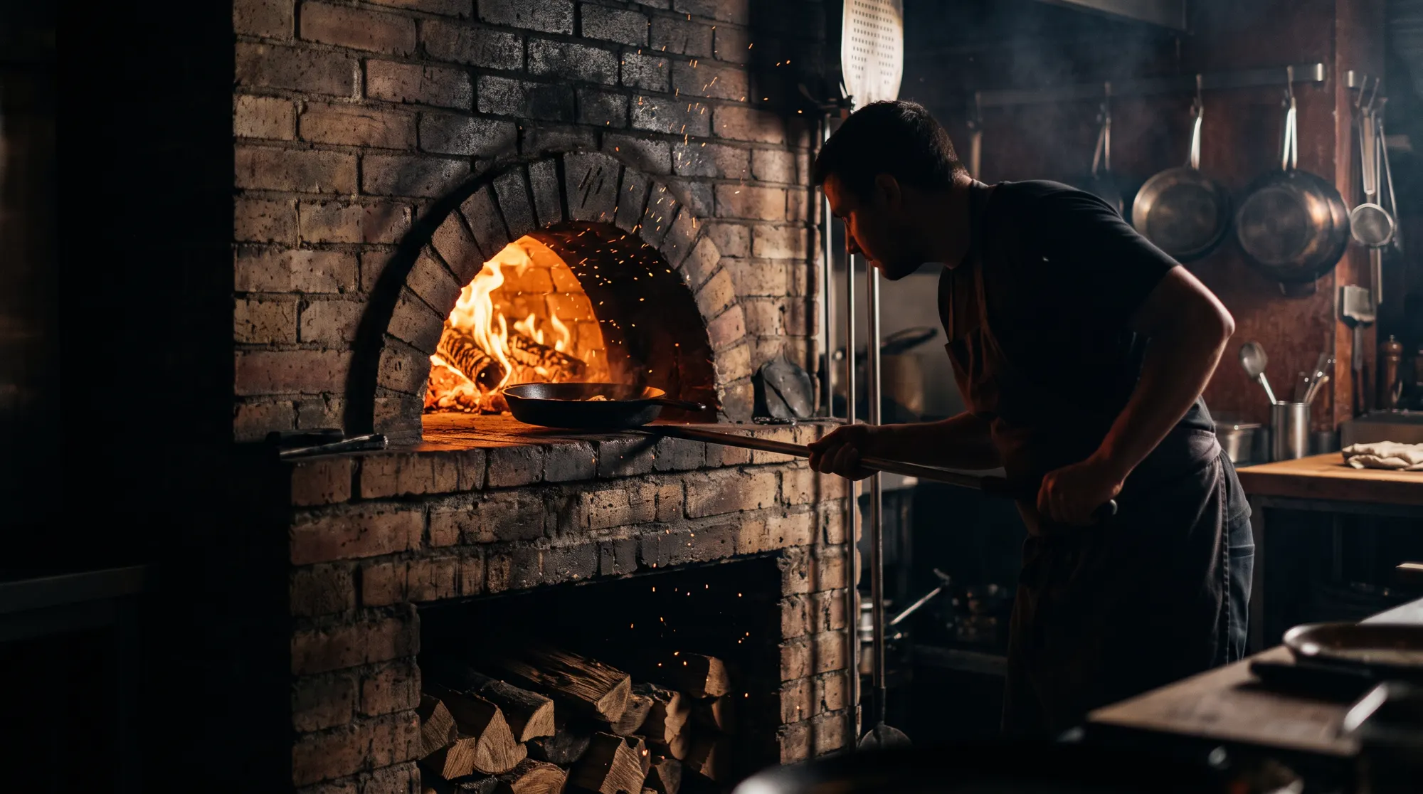 A chef sliding a pan into a blazing wood-fired oven