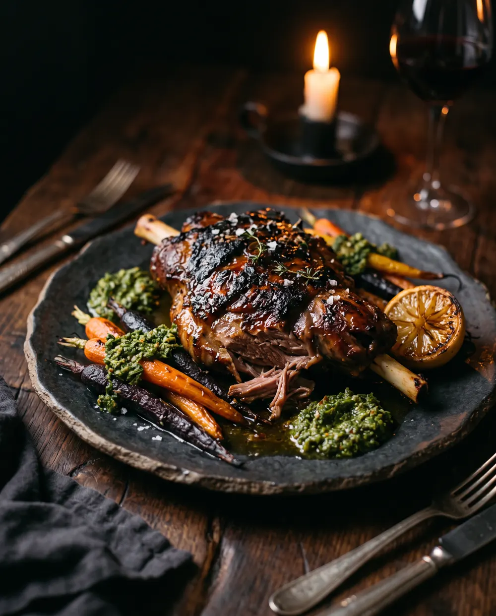 Slow-roasted lamb shoulder with carrots and salsa verde