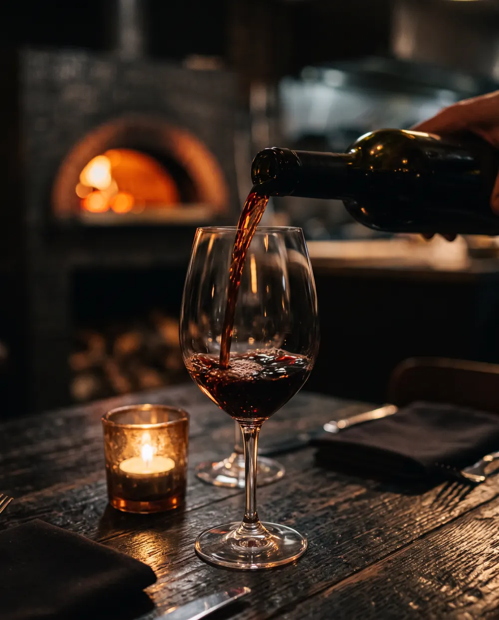 Red wine poured by candlelight